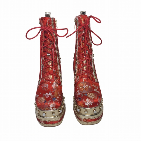 Womens Platform High Heels Square Toe Pearl Lace Strap Rivet Decor Boots 38(7.5) - Picture 5 of 13